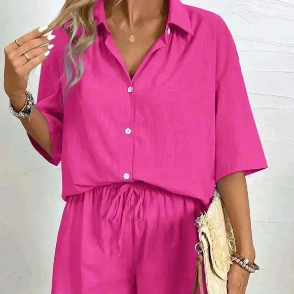 Hot Pink Casual Women's Summer Solid Color Drop-Shoulder Shirt And Loose Shorts - Picture 3 of 7